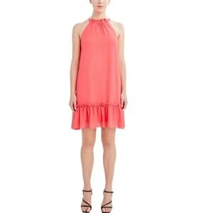 BCBG‎ Paris Coral Chiffon Halter Dress XL Ruffle Hem Summer Cocktail